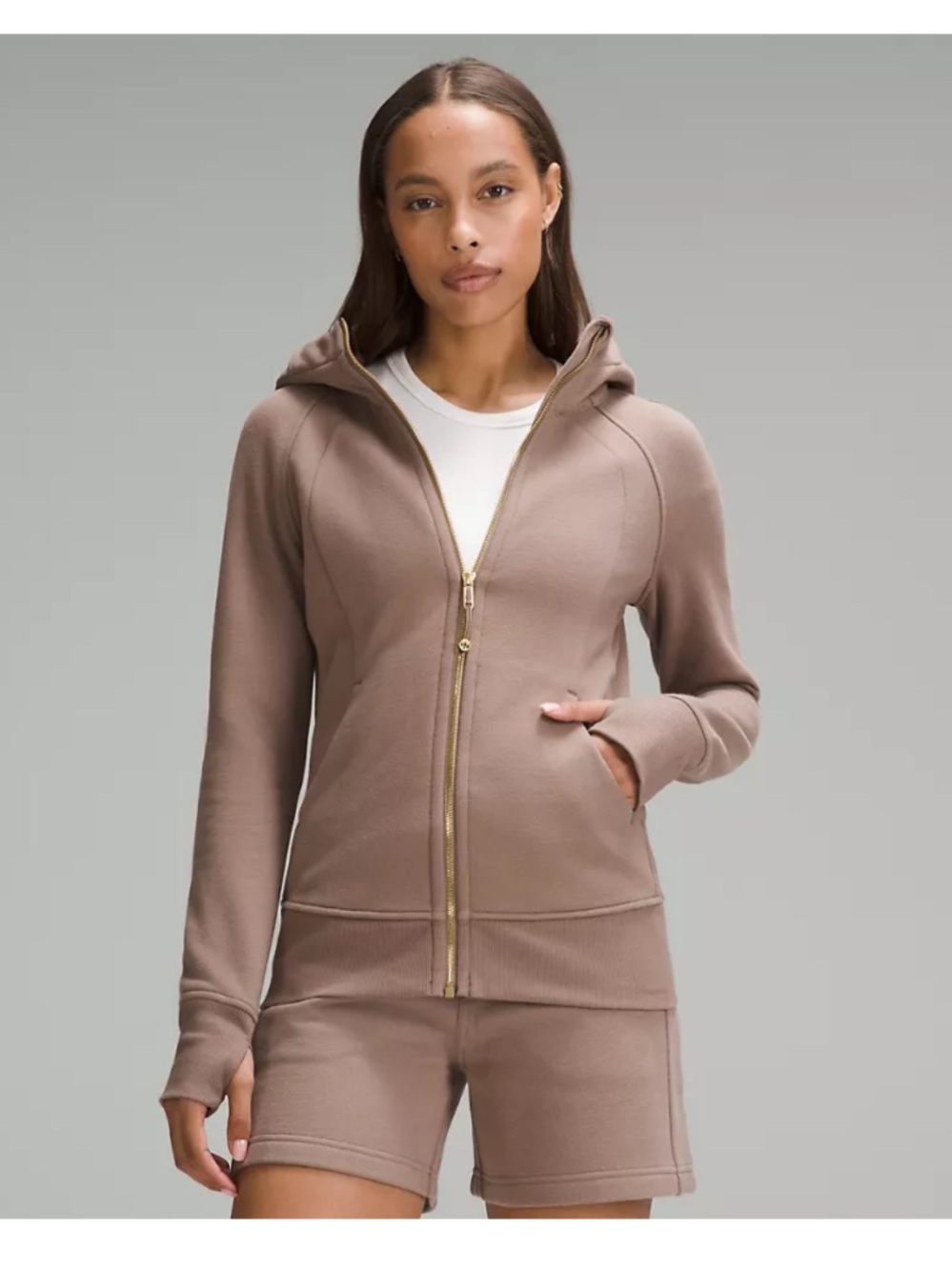 NWT Lululemon Scuba full-zip hoodie in taupe w/gold large logo, 14